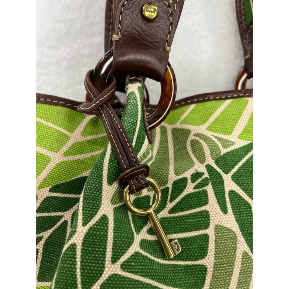 Fossil Womens Shoulder Bag Green Brown Floral Leaves Magnetic Canvas Pocket M - Picture 3 of 11